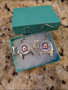 Teacher Elephant Dangle Earrings - Silver & Teal